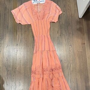 Coral Lace-Detail Maxi Dress with Flutter Sleeves